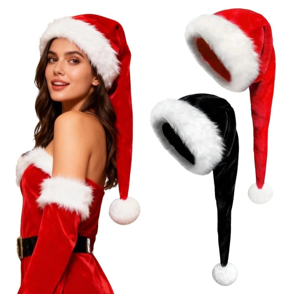 7306 2PCS Long Plush Santa Hat Classic Christmas Santa Hat Cute Adults Xmas